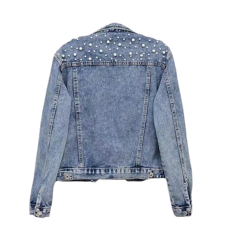 Jaqueta feminina Casual De inverno Jeans Com Pérolas Gola Curta - Promoção de Inverno 2025