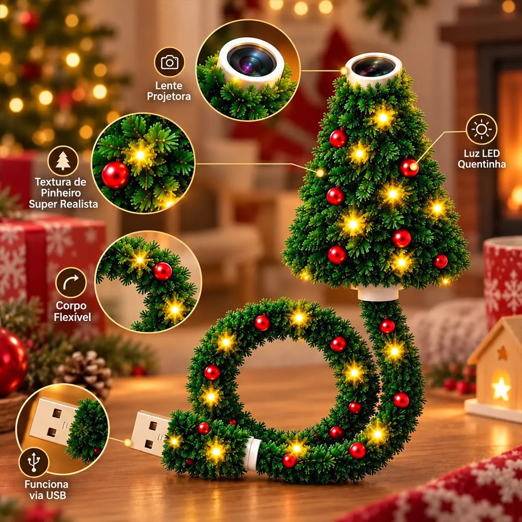 Mini Árvore de Natal com Luz LED - Projeta Papai Noel, Renas, Estrelas e Flocos de Neve!